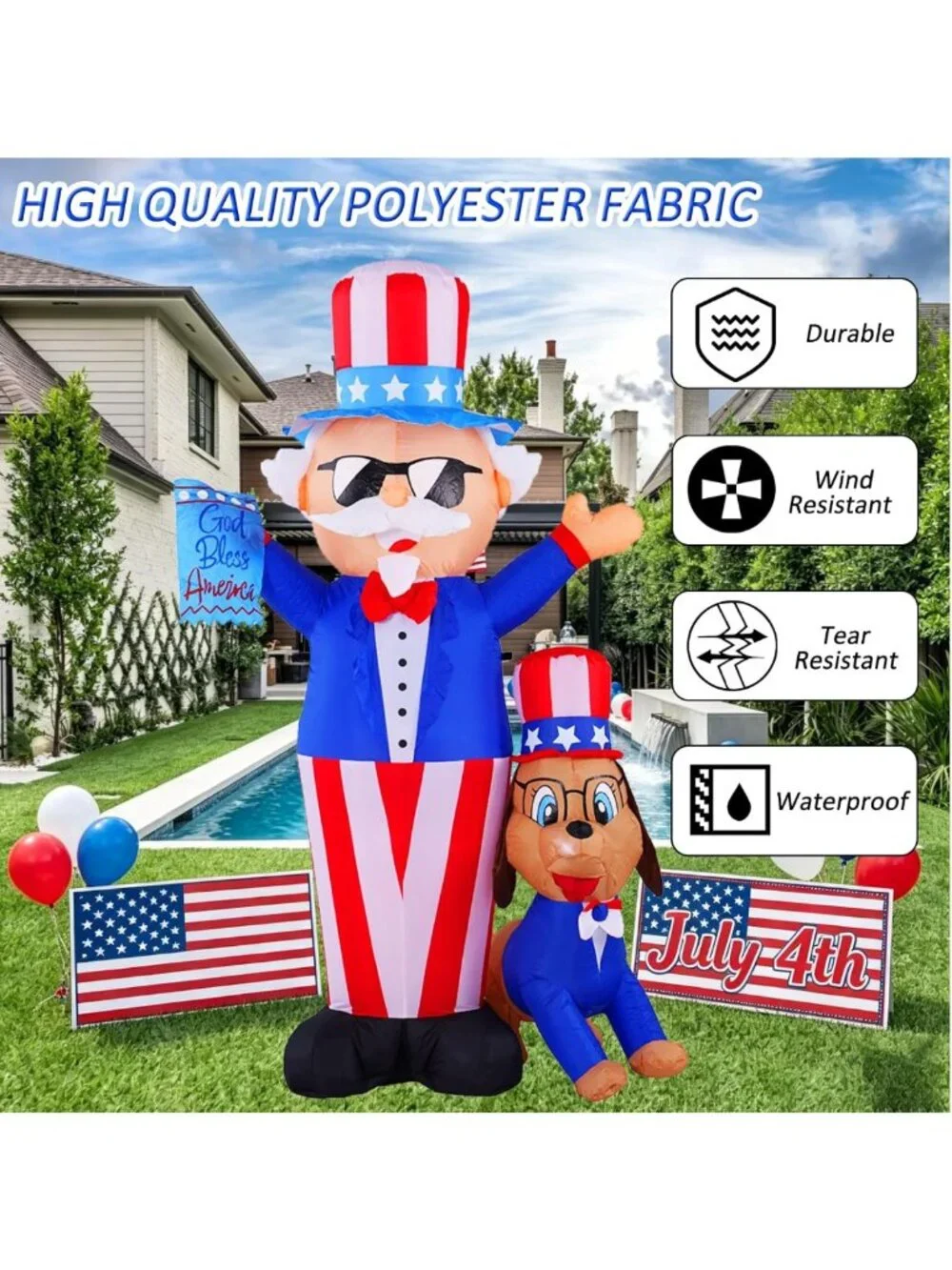 7FT Patriotic 4th of July Inflatable Decor with LED Lights - Uncle Sam & Dog